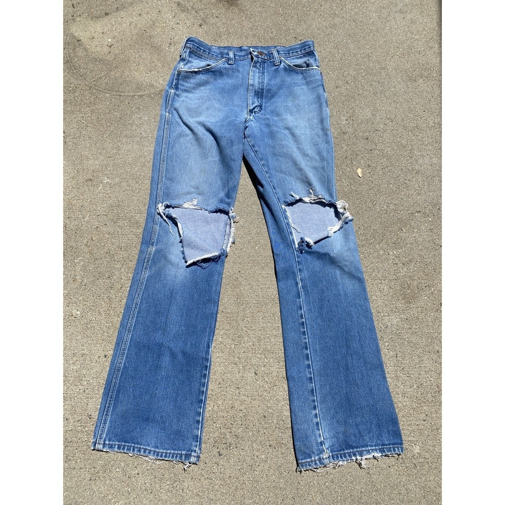 Vintage 80s Wrangler 945DEN Denim Jeans Flare 30x32 Made in USA Distressed